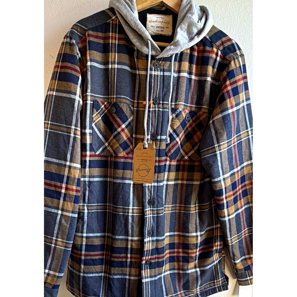 Weatherproof Vintage Men's Plaid Hooded Lined Shacket Jacket Button Pockets XL